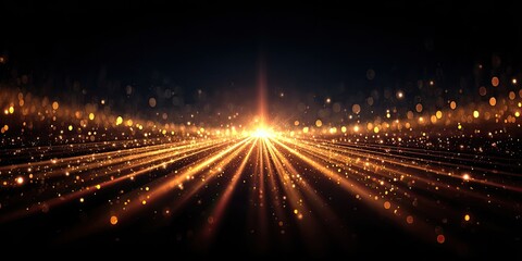 Golden light rays radiate from a central point on a dark background, filled with glittering particles