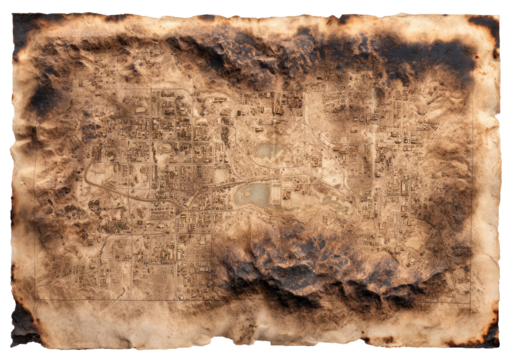 Burnt parchment map of a city.  Distorted, aged, and scorched