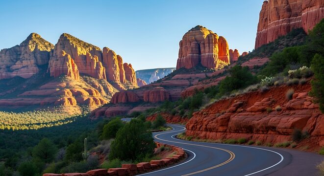 Scenic Winding Road Through Red Rock Canyon at Sunrise.