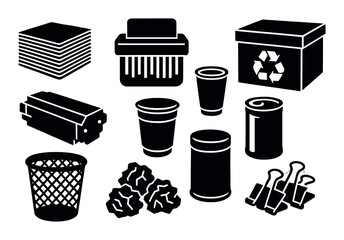 Office supplies icons set: recycle bin, shredder, paper cups, clips, trash can