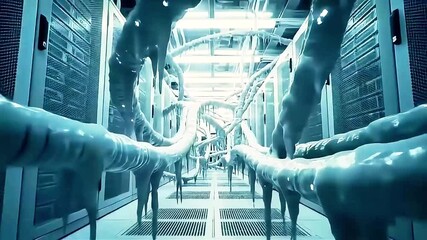 Data Center Technicians Managing Server Room Cooling Systems with Cold Air Ducts - Powered by Adobe