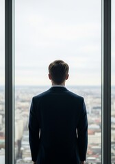 Ambitious businessman in a suit looks over the city from a high-rise office window
