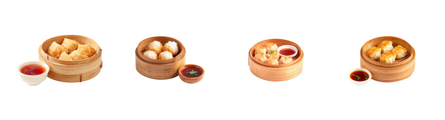 Variety of delicious dim sum in bamboo steamers with dipping sauce, isolated on black background, PNG set, transparent background