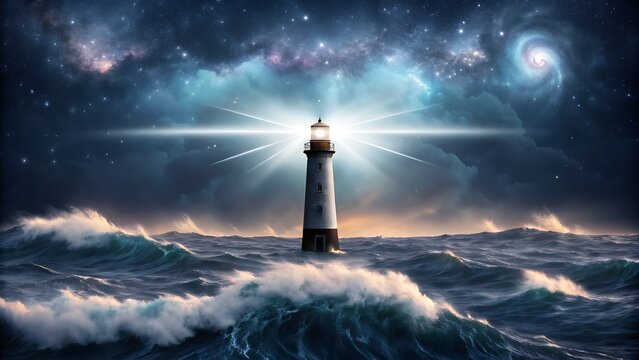 Bright lighthouse shining in stormy ocean with starry night sky
