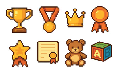 Pixel art icons including trophy, medal, crown, ribbon, star, certificate, teddy bear, and abc block