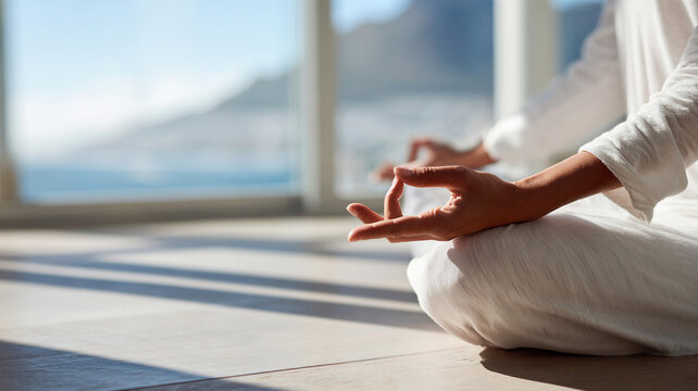 Young Woman Practicing Mindful Meditation with Detailed Hands
