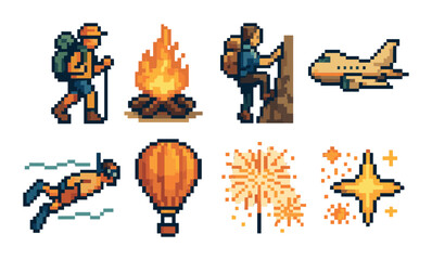 Pixel art adventure icons: hiking, climbing, travel, scuba diving, hot air balloon, fireworks