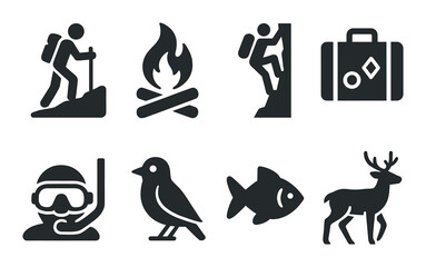 Adventure icons: hiking, camping, climbing, snorkeling, wildlife symbols on dark background