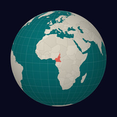 Republic of Cameroon on the map. Globe centered to Cameroon. Country location on the world map. Teal Pale Mint color palette. Globe with countries, meridians and parallels.