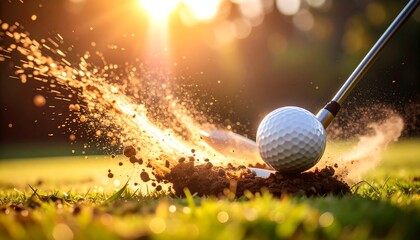 Golfer hitting golf ball on course sunset.