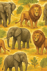 Realistic Elephant and Lion Seamless Pattern &ndash; Hand-Drawn Safari Animal Illustration for Fabric, Wallpaper and Decorative Design