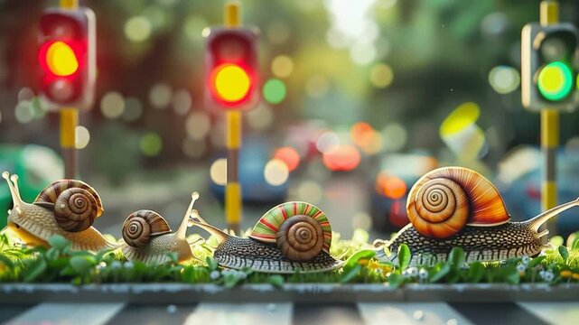 Snails crawling with blurred traffic light and cars in the background. Metaphor or concept for peak hour or slow traffic jam.