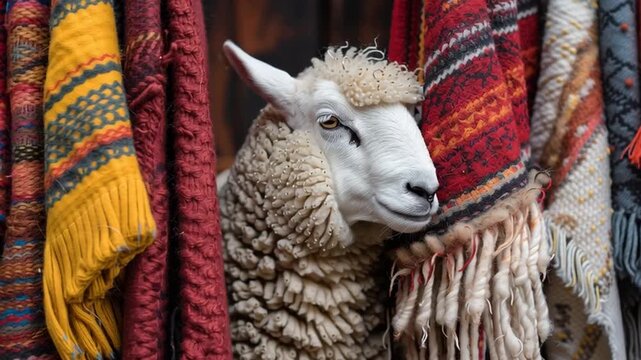 Closeup of a sheep looking through colorful woven wool fabrics. Textile and woollen products concept.