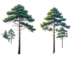 Obraz premium Three pine trees of varying sizes, digitally rendered, with vibrant green foliage
