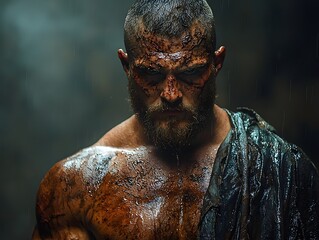 Intense portrait of a battle worn warrior smeared with dirt and grime displaying fierce determination in a dark dramatic atmosphere