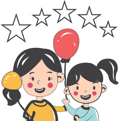 Two children holding a Balloon cartoon 