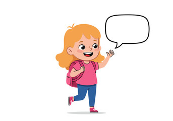 Cheerful Cartoon Schoolgirl with Backpack and Speech Bubble.