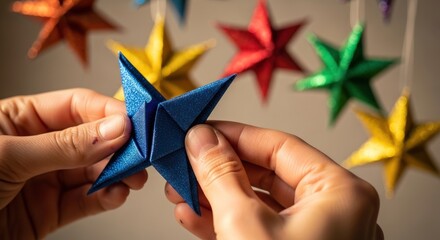 Fototapeta premium Hands carefully folding a blue origami star, other colorful stars hanging in the background.