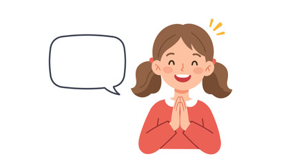 Cartoon Girl with Speech Bubble Hands Clasped in Gratitude.