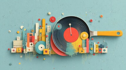 Surreal Music Creation, A vibrant blue backdrop showcases a frying pan and vinyl records, blending elements of creativity and imagination in contemporary pop art style.