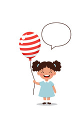 Cheerful Cartoon Girl Holding a Striped Balloon and Speech Bubble.