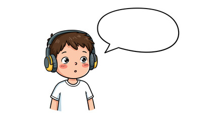 Cartoon Boy with Headphones and Speech Bubble Expressing Surprise or Thought.