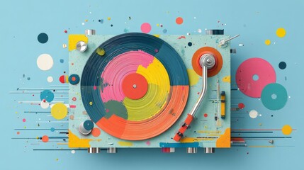 Obraz premium Surreal Music Creation with Frying Pan and Vinyl Records on Blue Background, Contemporary Artwork Exploring Imagination and Creativity in Pop Art Style