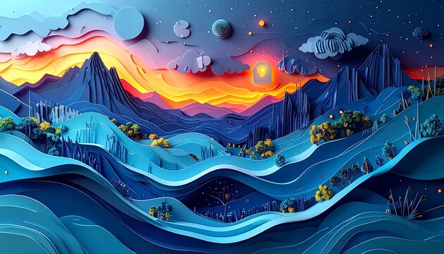 Colorful, layered landscape with mountains, clouds, and stylized trees