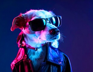 Dog in sunglasses and jacket, vibrant colors