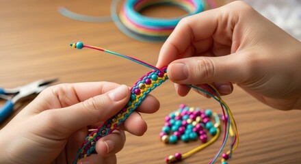 Hands crafting a colorful beaded bracelet with tools and beads on a wooden table.