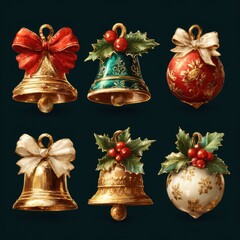 Vintage Christmas ornaments featuring bells, ribbons, and holly in a festive display suitable for holiday decorations