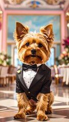 Dog in tuxedo, elegant interior