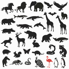 Fototapeta premium A collection of wild animal silhouettes including a horse, elephant, and lion is presented as a black vector illustration