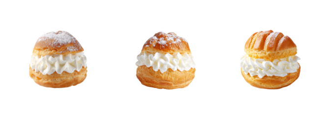 Trio of Delicious Cream Puffs with Powdered Sugar and Whipped Cream, Isolated on Black Background, PNG set, transparent background