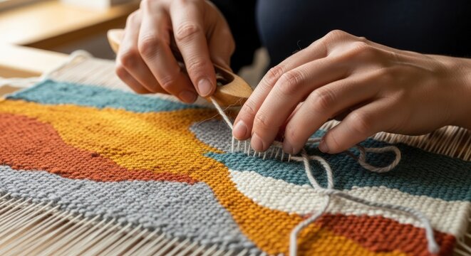 Close-up of hands using a wooden shuttle to weave colorful yarn on a loom, creating a vibrant textile art piece. - Powered by Adobe