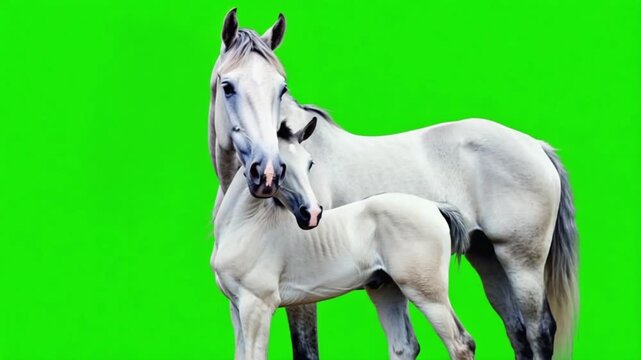 A white mare and foal standing close together against a bright green screen background view image animal green screen video