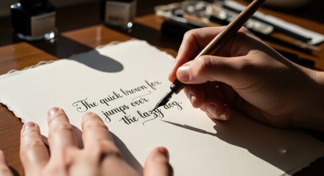A person's hands practice calligraphy, writing the pangram 'The quick brown fox' with a traditional dip pen and ink on textured paper.
