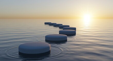 Navigating the Future Abstract Steps on Water Towards a Sunrise - A Metaphor for Business, Technology, and Lifestyle Journeys