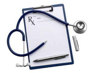 Medical Stethoscope with Prescription Pad and Pen Isolated on Transparent Background PNG