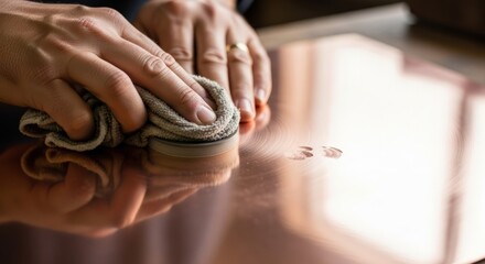 Obraz premium Close-up of hands diligently cleaning a shiny, reflective surface with a soft grey cloth, removing smudges and dust.