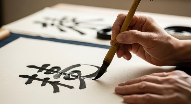 Close-up of an artist's hands practicing traditional Asian calligraphy with a brush and black ink on paper. - Powered by Adobe