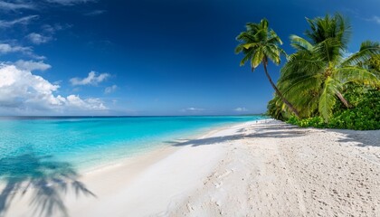 Fototapeta premium Breathtaking Tropical Beach With Soft White Sand Turquoise Waters And Swaying Palm Trees A Perfect Paradise For Travel And Relaxation