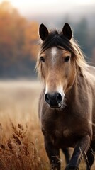 Majestic horse walking through golden grass in a serene autumn landscape at dawn