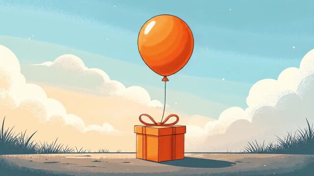 A cheerful orange gift box with a matching balloon floats gently under a warm, cloudy sky.