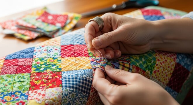 Close-up of a person's hands carefully hand-sewing a colorful patchwork quilt with a needle and thread. - Powered by Adobe