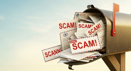 Mailbox overflowing with scam warning letters. Concept of financial fraud, identity theft, and deception through unsolicited mail.