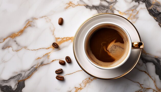 Bold Coffee Cup On Marble Surface Overhead Scene - Powered by Adobe