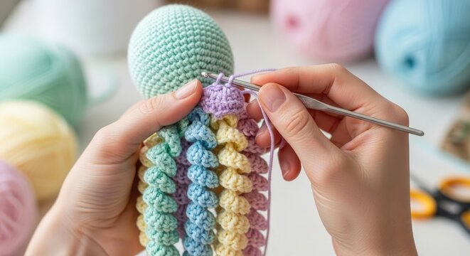 Close-up of hands crocheting a colorful octopus toy with yarn and a crochet hook.
