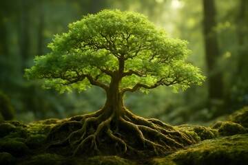 Fototapeta premium Lush Green Tree with Roots in Serene Forest Setting Surrounded by Soft Light and Foliage