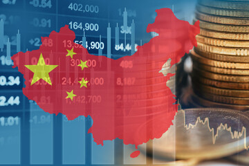 China flag with stock market finance, economy trend graph digital technology.